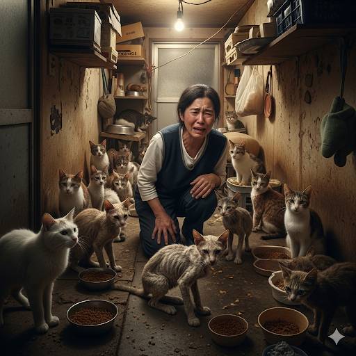 保護猫活動をしていた方が、多頭飼育崩壊に至ってしまう悲劇をイメージした、AI画像です。