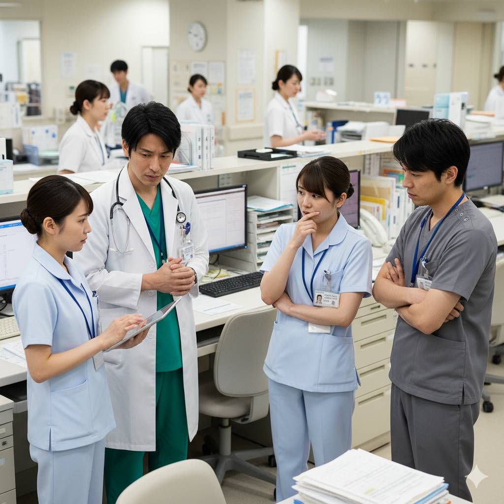 病院内のナースステーション、医師をはじめ、医療従事者たちが経営赤字に関する困難な問題を苦悩した表情で話をしているイメージ画像です。