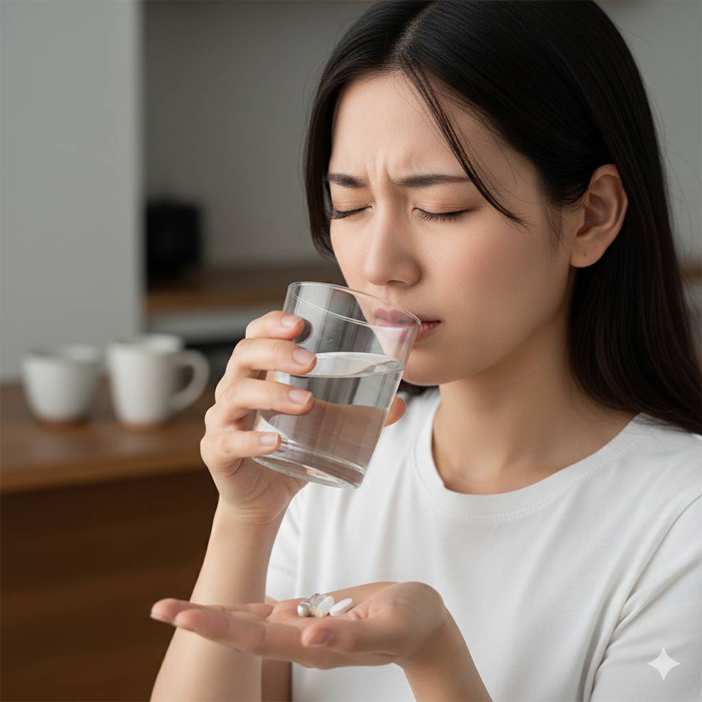 体に異変を感じ若い女性が痛みを和らげるために、錠剤の痛み止めを飲んでいる画像です。
