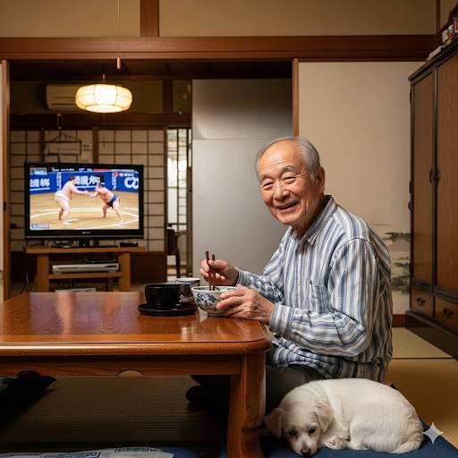 福祉支援の為につくられた賃貸物件の室内でシニア男性が笑顔で食事をしながら、相撲の番組を見ているイメージ画像です。