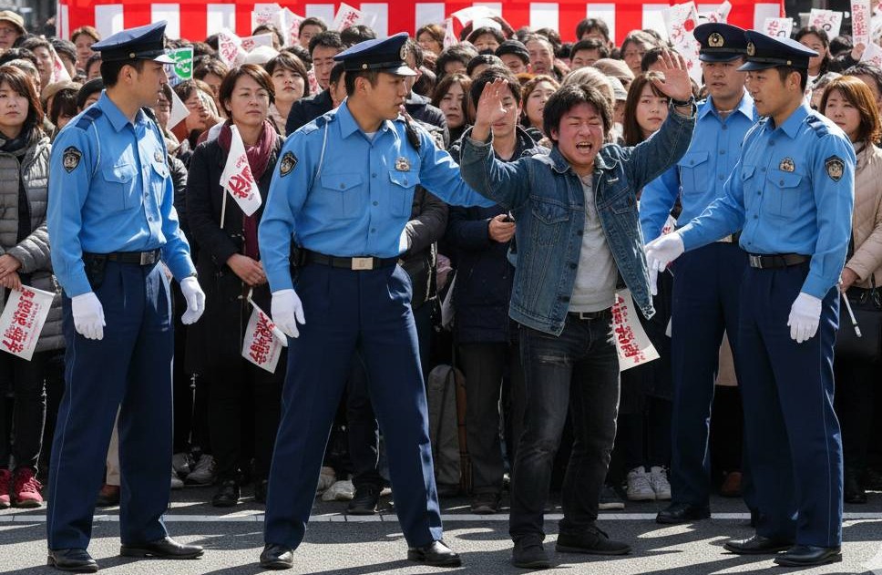 演説中に、群衆の中で妨害をして騒ぎ出す青年と、その方を制圧する警察官達のイメージ画像です。