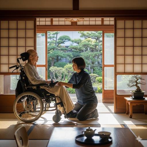 自宅で介護士からサポートを受けている、車椅子難病患者のイメージ画像です。