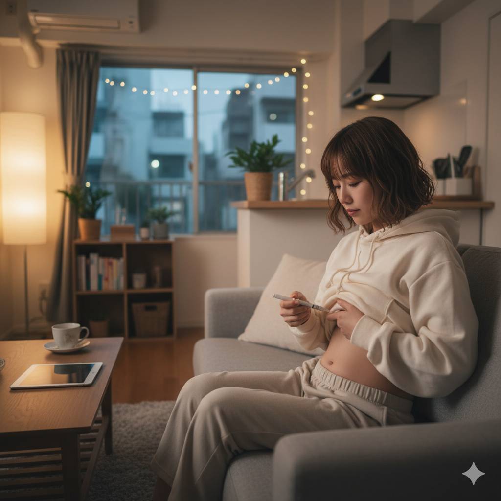 ワンルームのお部屋でソファーに座り、若い女性がB型糖尿病の痩せる為の注射を、下腹部に自ら打っている画像です。