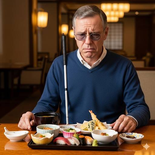 男性の視覚障害者が、ホテルのレストランで的確なサポートが無く困っている画像です。
