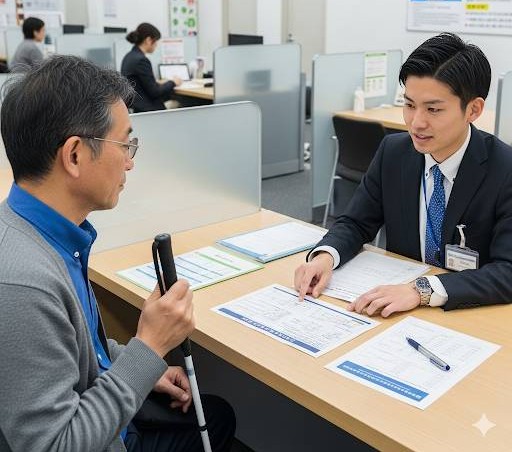 視覚障害者の方が、年金事務所の相談カウンターで、職員の方と障害年金の申請について説明を受けているイメージ画像です。