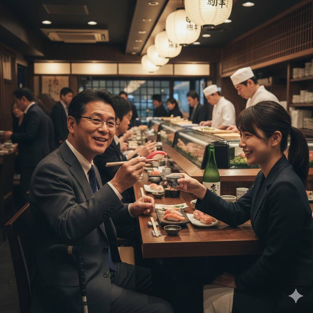 お寿司屋さんの店舗内で、中年の視覚障害者の男性と若い女性のガイドヘルパーが、楽しそうに食事をしている画像です。