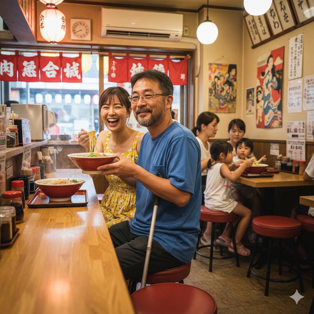 ラーメン屋さんで中年の視覚障害者の男性とガイドヘルパーの女性が、楽しそうにラーメンを食べている画像です。