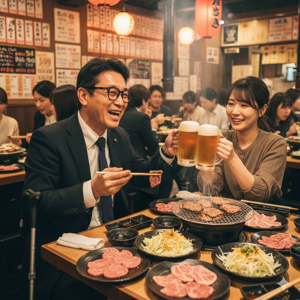 焼肉店で、中年視覚障害者男性と若い女性ガイドヘルパーが、楽しそうに焼肉を食べている画像です。