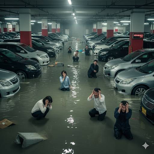 豪雨災害で大型地下駐車場が漏水し車が水没、被害者が苦悩しているイメージを画像化したものです。