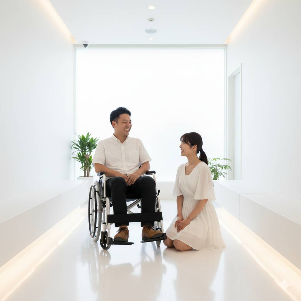 待合室で車椅子の男性が待っていたところに、白のワンピースを着た若い女性がひざまずいて声を掛けている画像です。