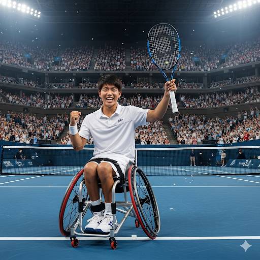 車椅子テニスの大会で有望な若手選手が優勝して喜んでいる、AI生成イメージ画像です。