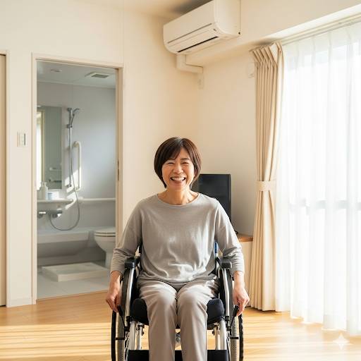 車椅子バリアフリー賃貸住宅で、女性の障害者が快適に笑顔で暮らしている画像です。