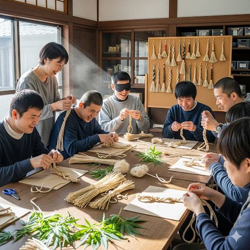 障害者就労支援B型作業所、麻の手芸品加工作業、大勢の障害者が作業にあたっているイメージ画像です。