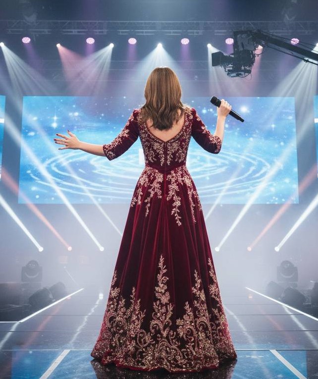 テレビスタジオ内で、伝説の女性歌手(20代)がマイクを持ち熱唱している後ろ姿の画像です。