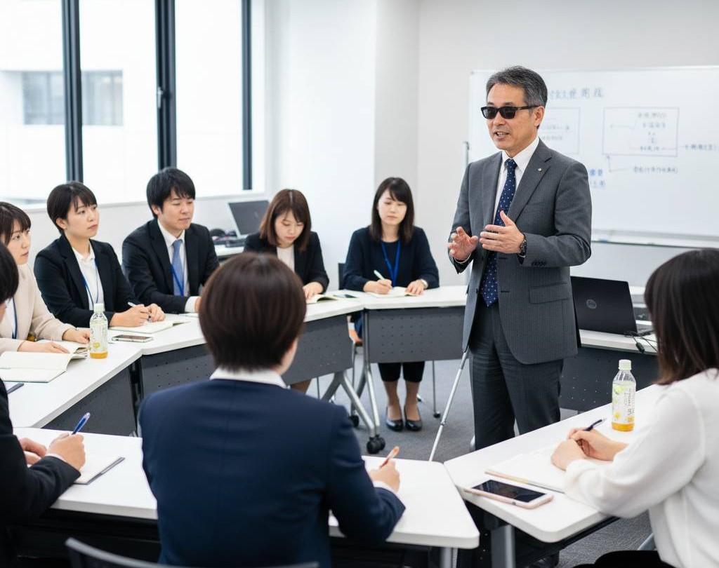 50代男性講師が、20代から30代の男女に就労支援研修をしているイメージ写真です。