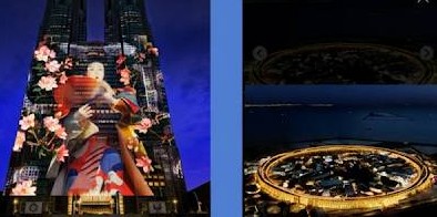 左側の写真は東京都庁で行われたプロジェクションマッピングのイベントの画像です。右側は大阪・関西万博の大屋根リングの画像です。