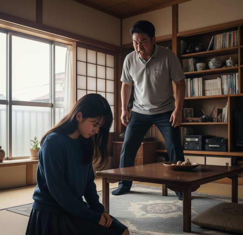 自宅の部屋で父親が厳しい顔で娘を叱責し、娘は正座をしてうつむいて悲しんでいる画像です。