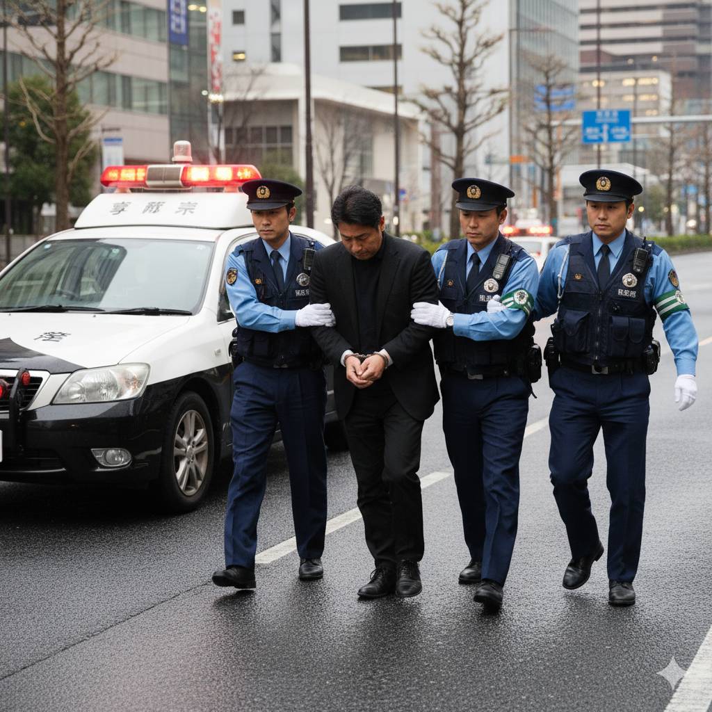 40代男性犯罪者が手錠を掛けられ、警官3名に連行されて、パトカーに乗車する前の画像です。