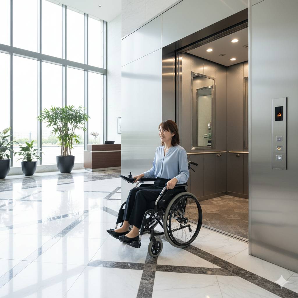 女性の車椅子利用者がエレベーターを利用し、エレベーターから降りてくる画像です。