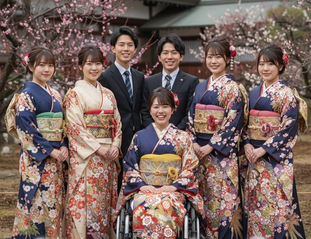 成人式の記念写真、中心には振袖を着た車椅子の女性、その周りに友人達男女が多数笑顔でほほ笑んでいます。