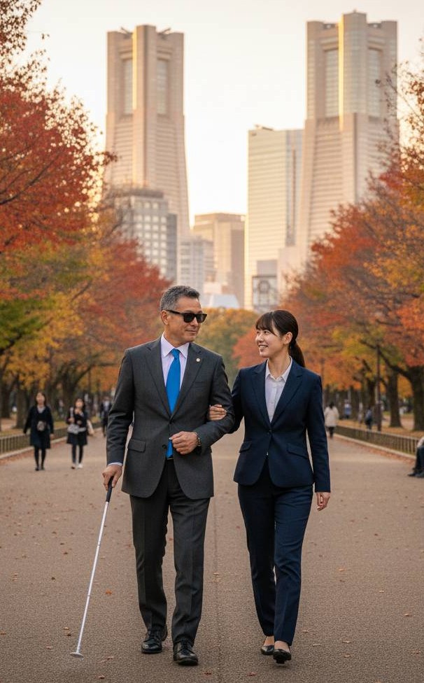 都心部にある広い公園で、紅葉の時期に男性視覚障害者と同行援護者が紅葉を楽しんでいる画像で、背景には高層ビルが建っています。