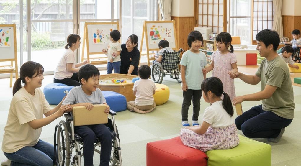 障害者のお子様をお預かりする障害児支援事業所内の、子供達や先生の活動画像です。