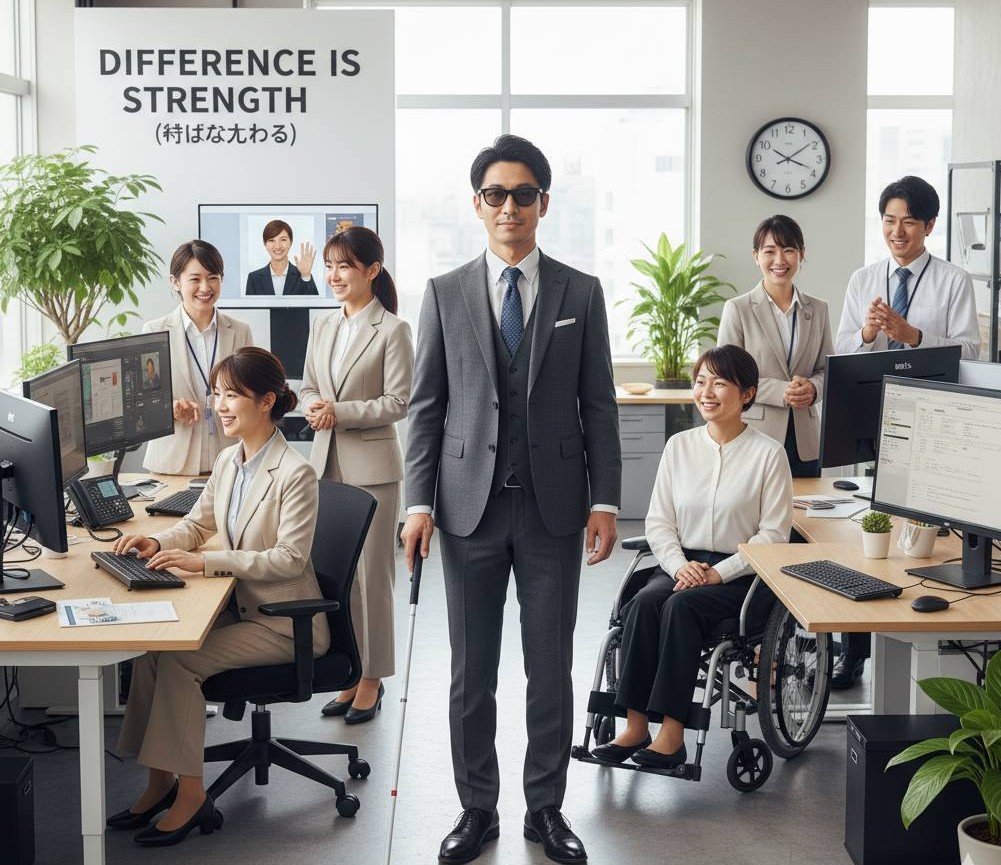 明るい都心のオフィス、視覚障害者の代表が様々な障害をお持ちのスタッフに向かって打ち合わせをしている画像です。