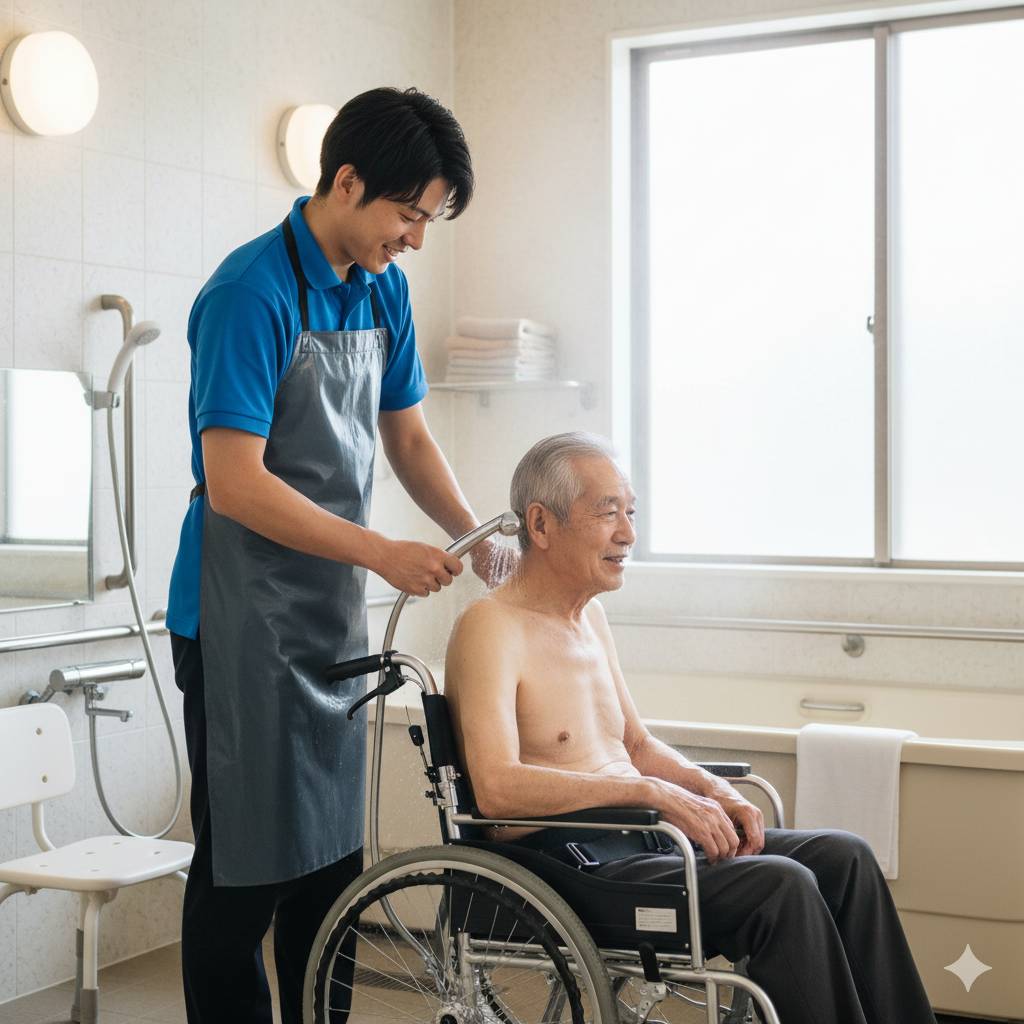 老人施設内での高齢男性下半身麻痺、車椅子利用者の介護に伴う、男性介護士補助の入浴画像です。