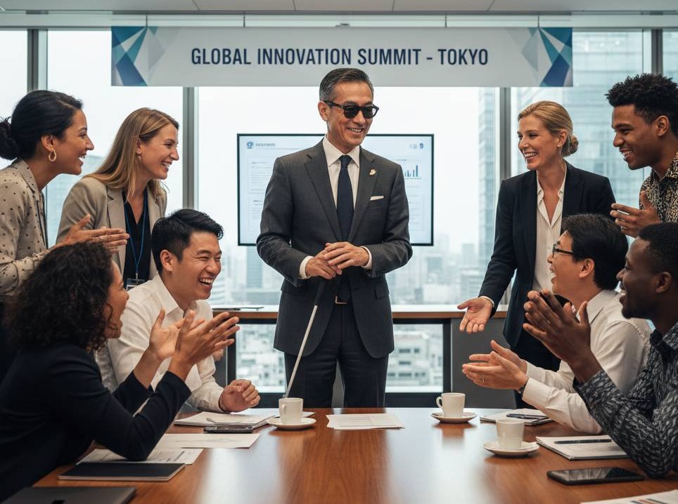 日本の都会の高層ビルオフィス街で、視覚障害者の代表が中心になり、多国籍な集団の「GLOBAL-INNOVATION-SUMMIT-TOKYO」を実施している画像です。