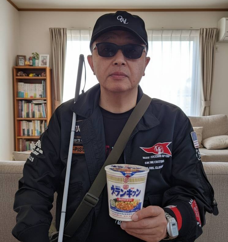 全盲の視覚障害者男性が白杖を肩に掛け、左手でカップ麺を持ち上げている画像です。