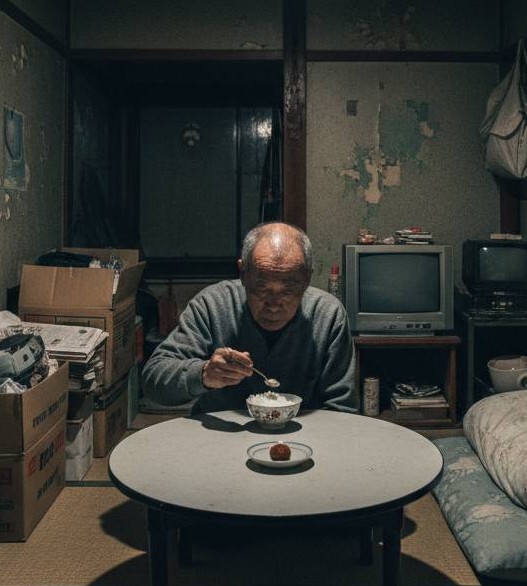 築古日本の木造アパート室内、低年金(10万円/月)男性高齢者が、一食222円のご飯を寂しそうに食べている画像です。ご飯一膳とおかず一品がちゃぶ台の上にのっています。