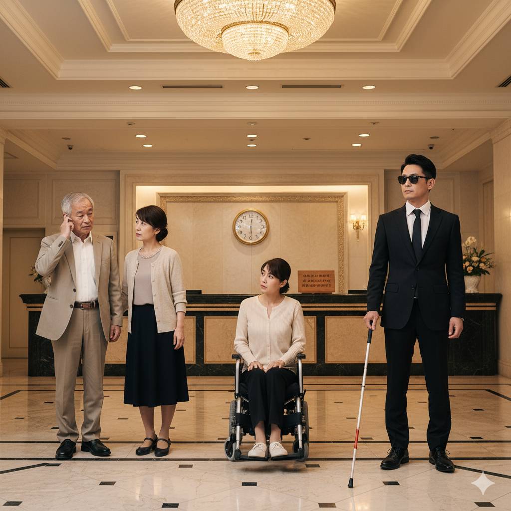 ホテルのフロントで高齢夫婦・車椅子女性・視覚障害者男性がチェックインでフロントに誰もおらず、困惑しているイメージ画像です。