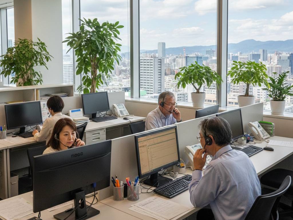 【アイズルーム問題解決電話相談室】30代女性、50代男性、60代男性が、観葉植物が置かれている綺麗なオフィスで、電話による相談に対応しているイメージ画像です。