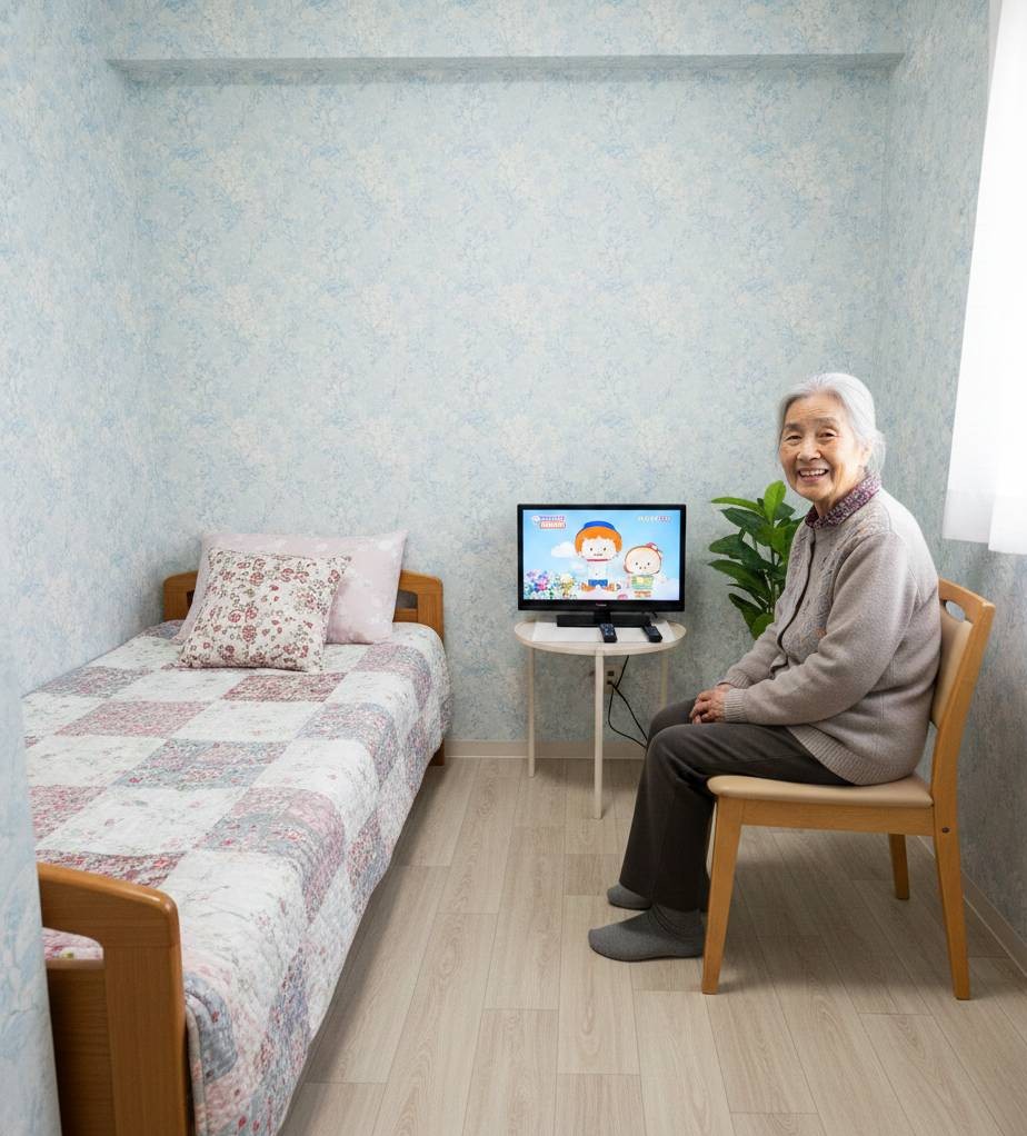 ホームレス緊急避難センター(個室)で、高齢女性が生活している写真です。