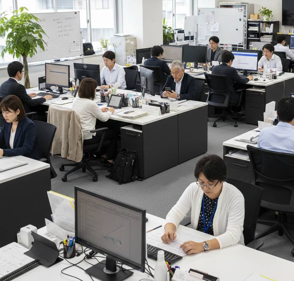 写真の中央に、白髪の視覚障害者60歳社長がスマホを手にしていて、その周りに様々な年齢層の男女のスタッフが均等に仕事をしているオフィス風景です。