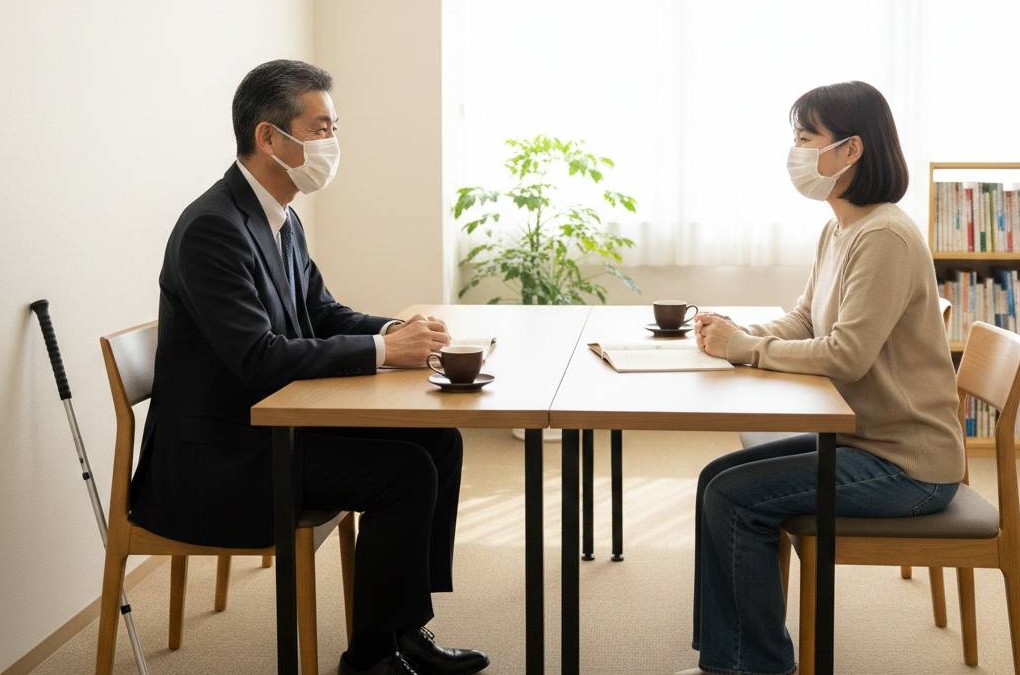 全盲の問題解決コンサルタントによる定期開催・出張個別無料カウンセリングの模様です。40代の女性が相談をしている画像です。