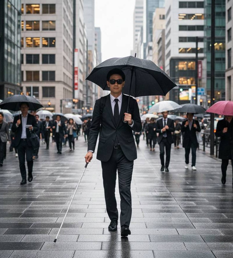 都会の道路で傘を差したスーツ姿の視覚障害者男性が、白杖を使い歩行している画像です。