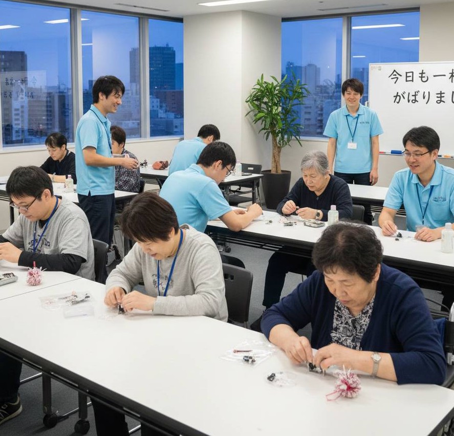 就労継続支援B型作業所で、20歳から60歳までの障害者の方が支援員の指導を受け、軽作業をしている画像です。