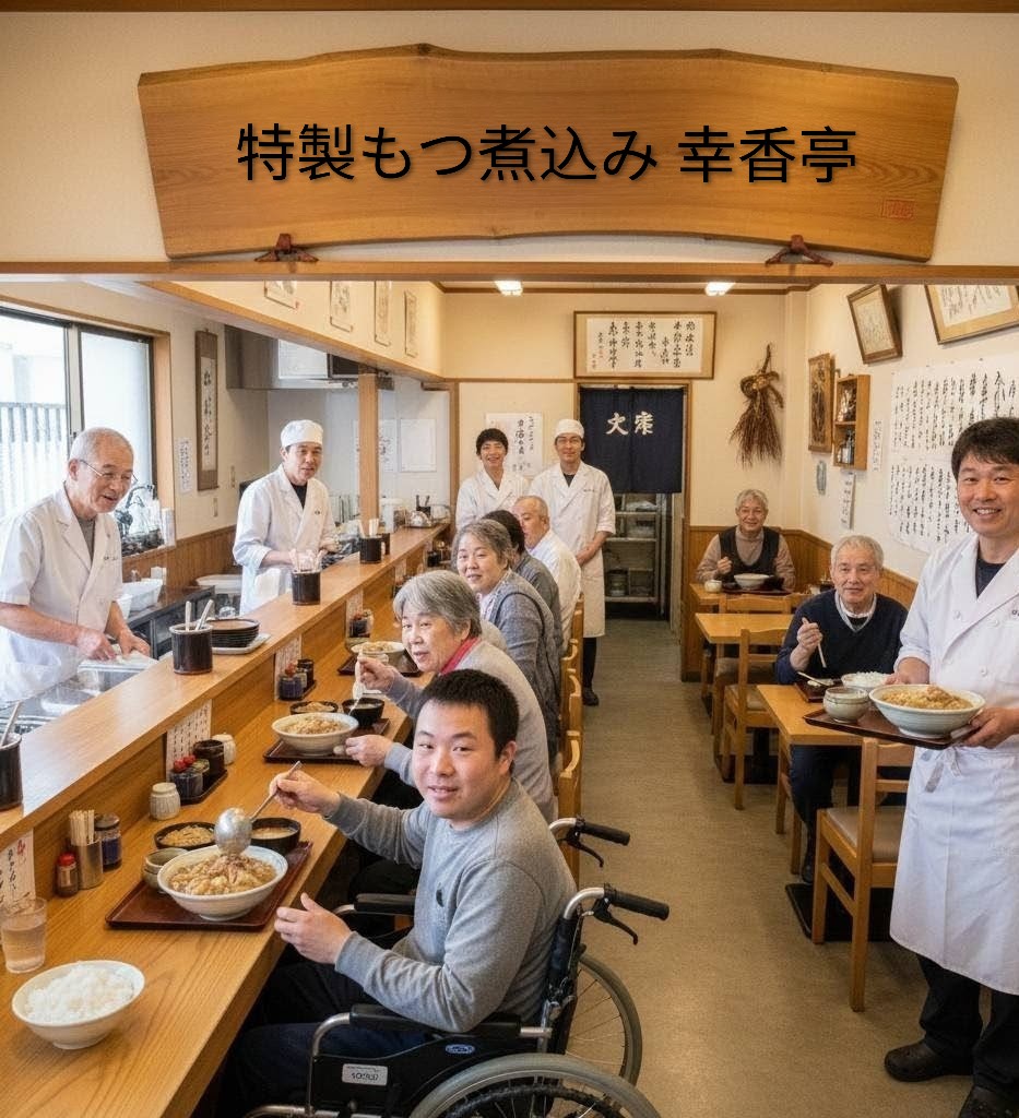 特製もつ煮込み「幸香亭」店舗内イメージ画像、共生社会を実現する為、障害者と高齢者が主体となり働ける就労支援事業です。