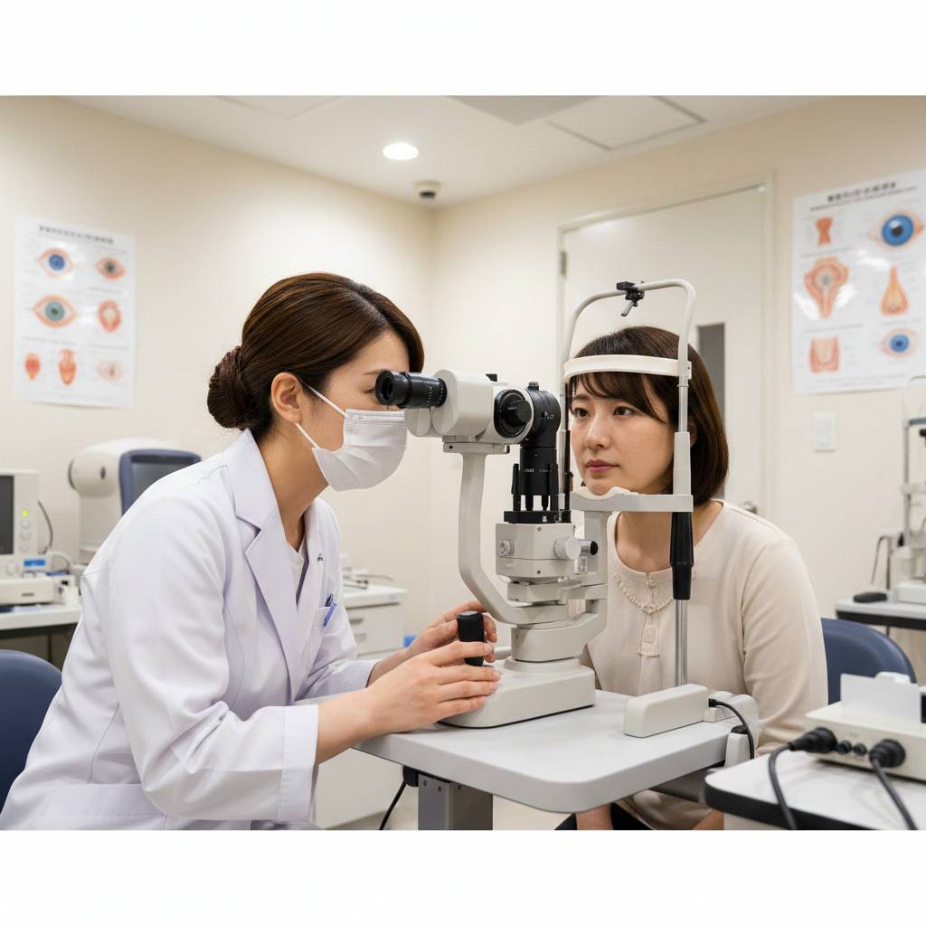 白衣を着た女性医師が、30代女性患者の眼球の疾病に関する治療の為、眼球の状況を確認している画像です。