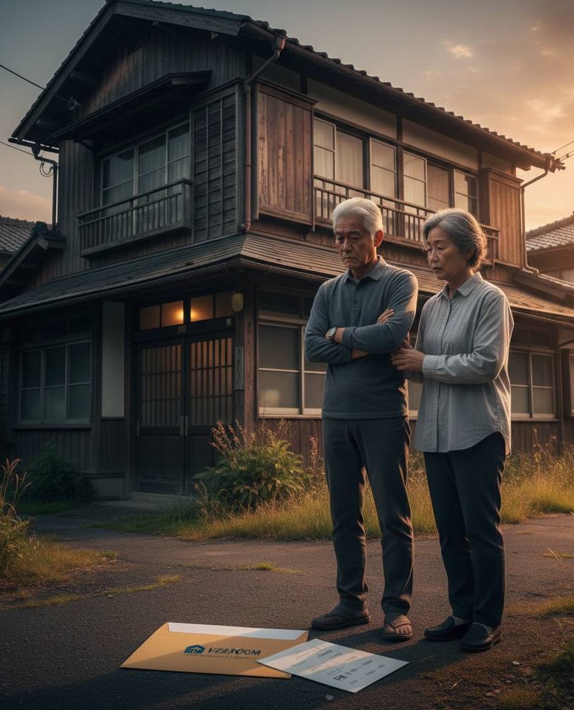 築古木造2階建て住宅を、外から苦しい顔をして見つめる老夫婦の画像です。