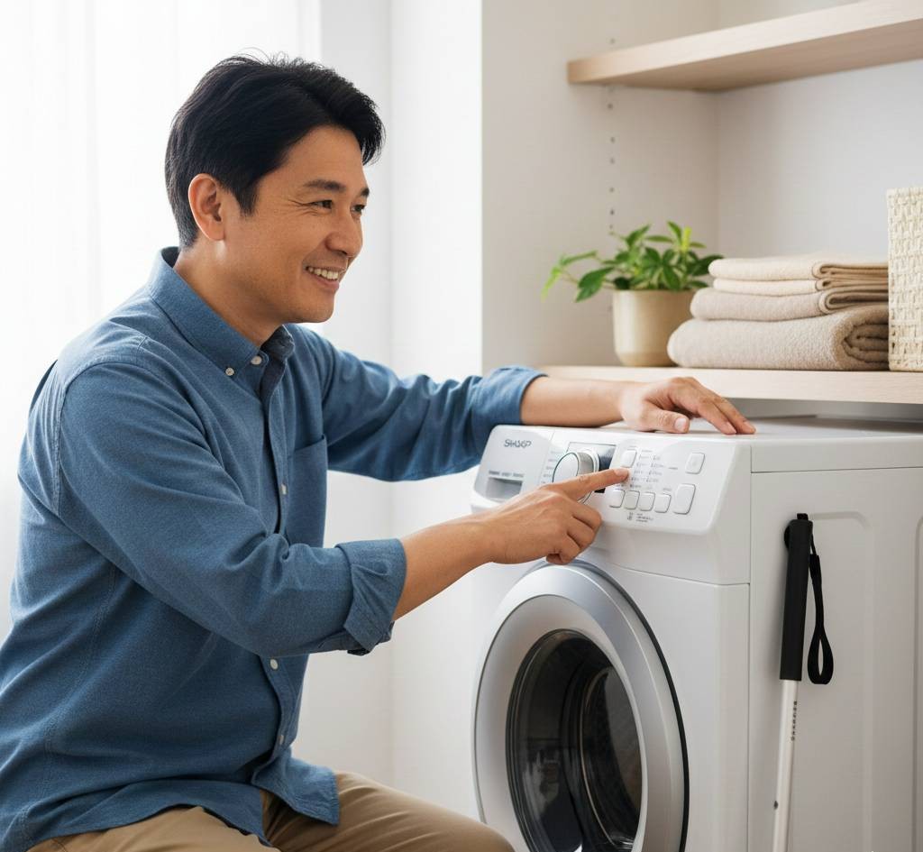 視覚障害者の50代男性が、単身生活でドラム式洗濯機を使用している画像です。