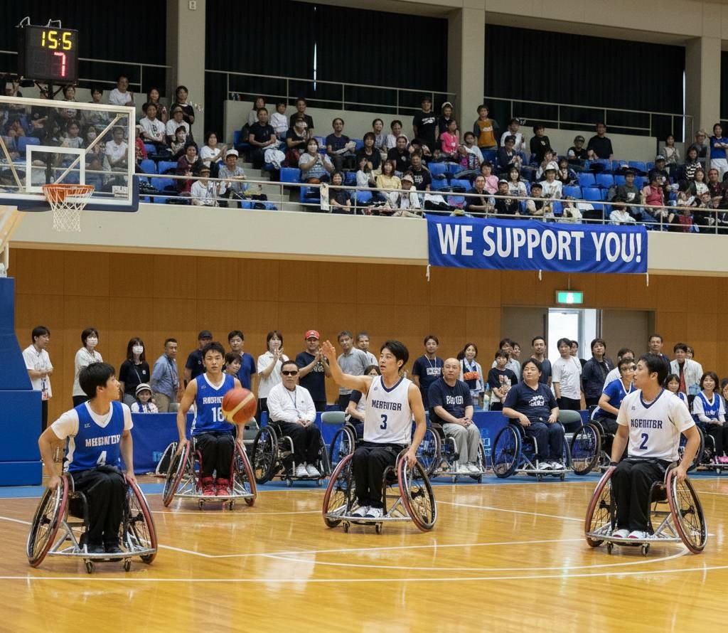 下半身麻痺及び欠損により障害を抱えた男性が、競技用車椅子を使いバスケットの試合をしており、様々な方が歓声をあげながら応援している状況の画像です。