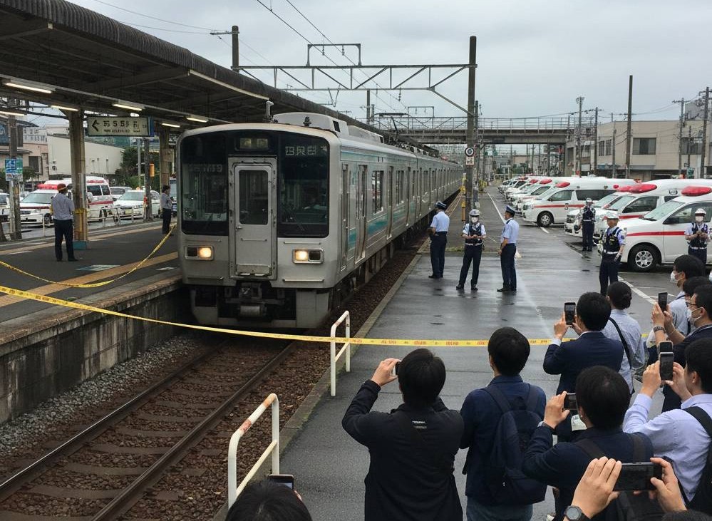 電車人身事故で規制線が張られ、駅ホーム途中に電車が緊急停車している画像です。