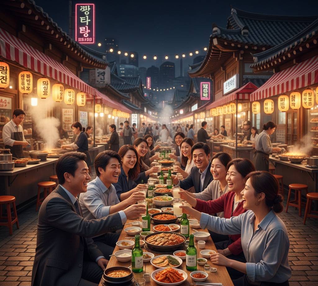 韓国の屋台飲食店で、日本人と韓国人が韓国のお酒を飲みながら、会社の夢について語り合っている画像です。