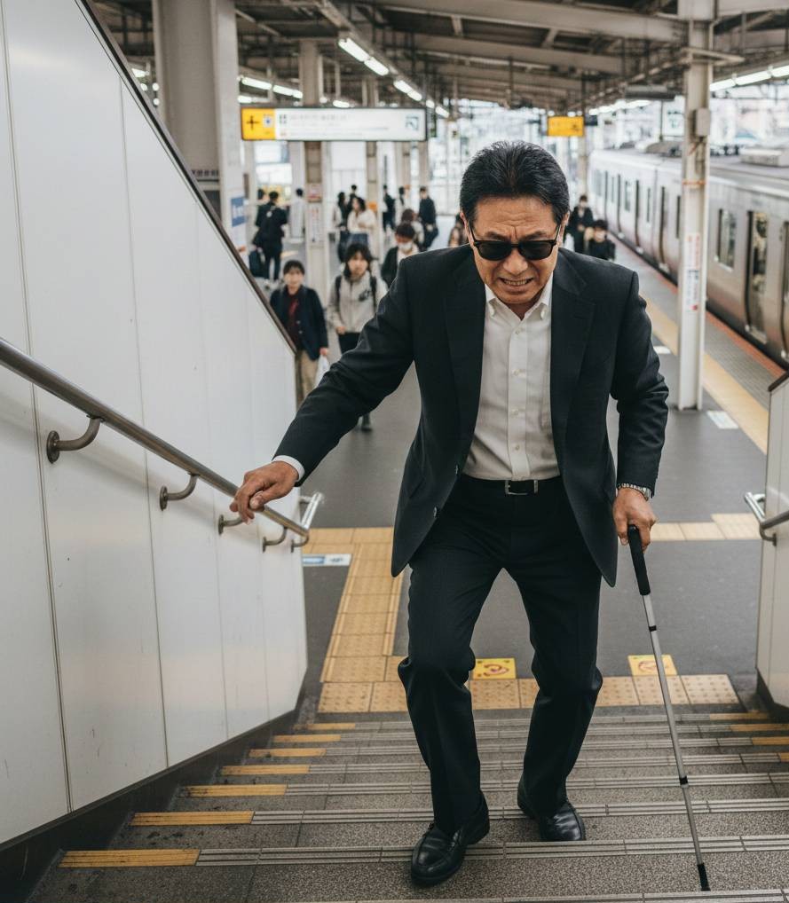 駅のホームへ向かう階段を上っている60歳男性の視覚障害者が、右手で手摺りを握り、左手に白杖を持っている画像です。