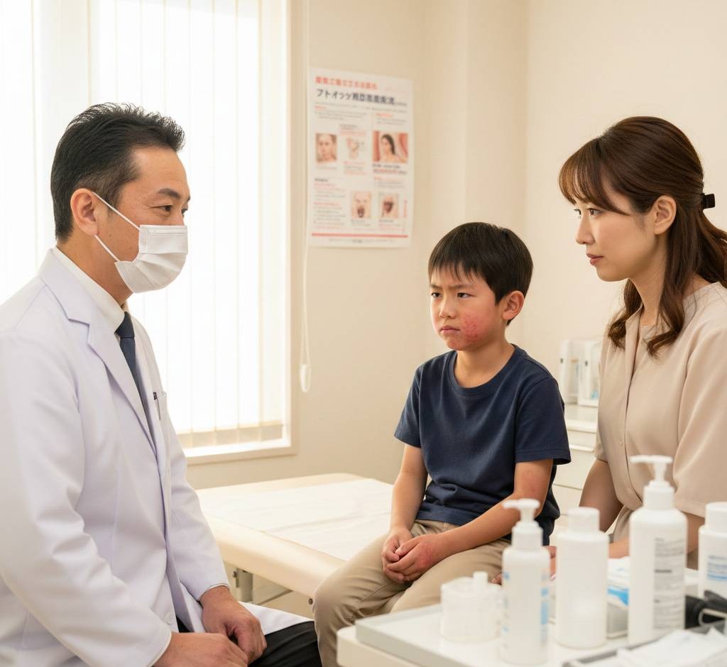 皮膚科クリニックで、白衣を着た男性医師から重いアトピー性皮膚炎の小学校低学年患者が診察を受け、隣で母親が心配そうに見守っている画像です。