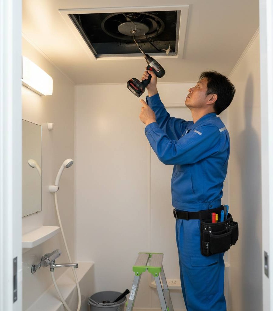 青い作業着を着た男性が、ユニットバスの天井の点検口を開け、右手にインパクトドライバーを持ち、換気扇を交換しようとしている作業工程の画像です。