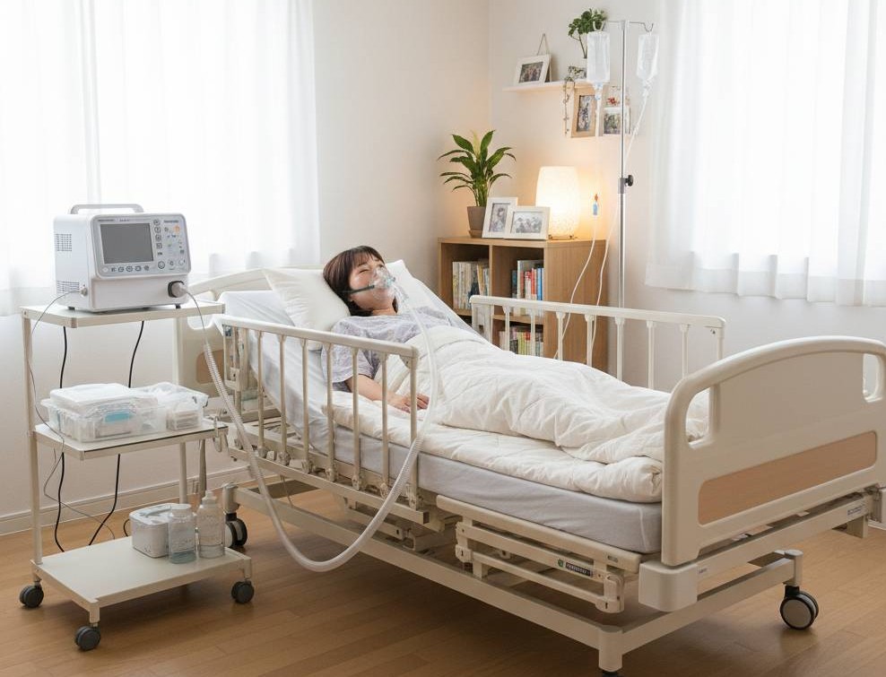 難病患者の若い女性が、自宅の洋室のお部屋で、介護ベットを使用し人工呼吸器を付け寝ている画像です。