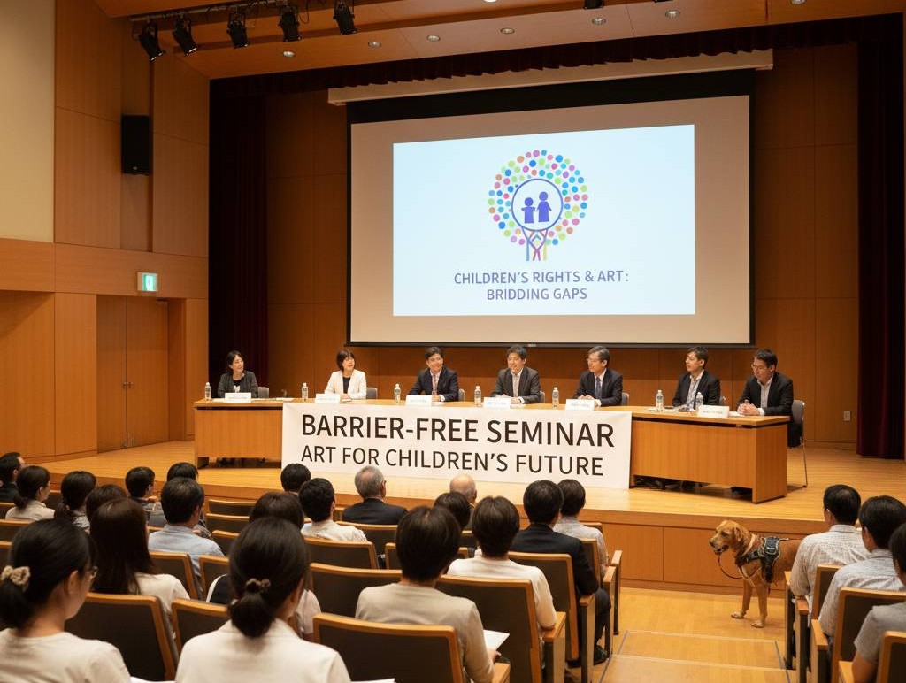 大きなイベント会場で、子供をテーマとした福祉イベントのシンポジウムをイメージした画像です。